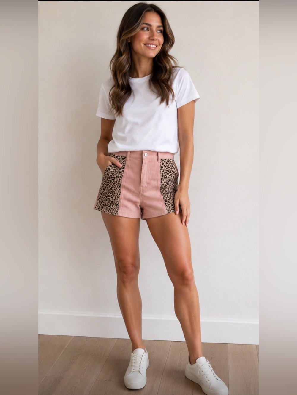 Umgee Pink Leopard-Panel High-Rise Women's Shorts small